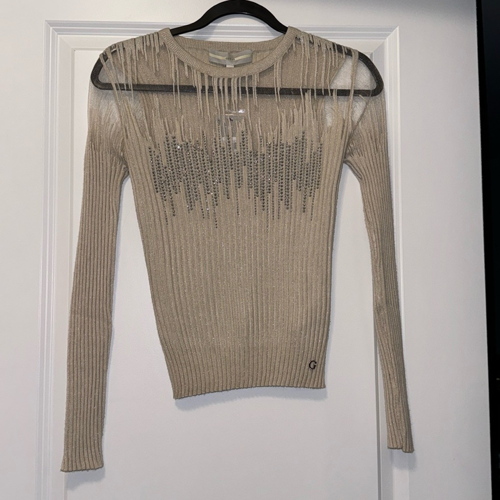 Guess Beige Long Sleeve Ribbed Fringe Sweater with Stud Detail